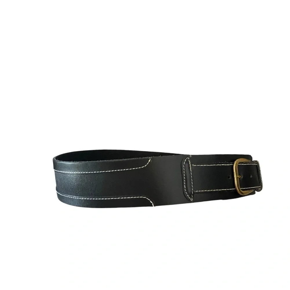 Vintage Dame Black Authentic Leather Belt white stitching Brass gold Buckle